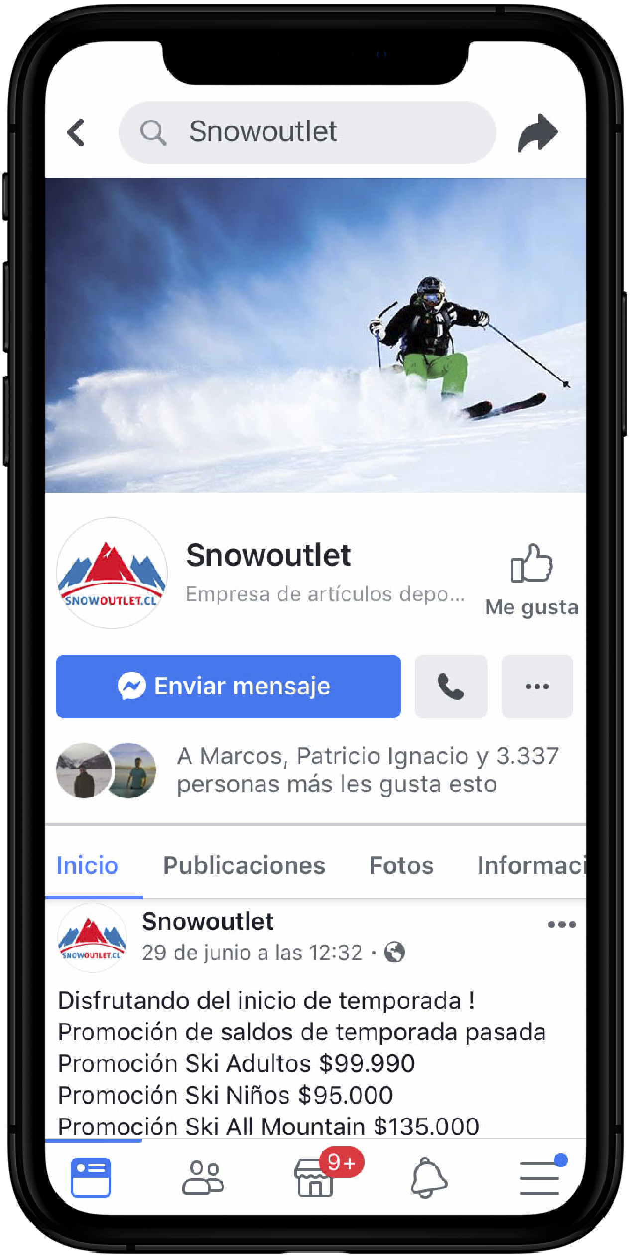 Captura de pantalla Facebook Snowoutlet